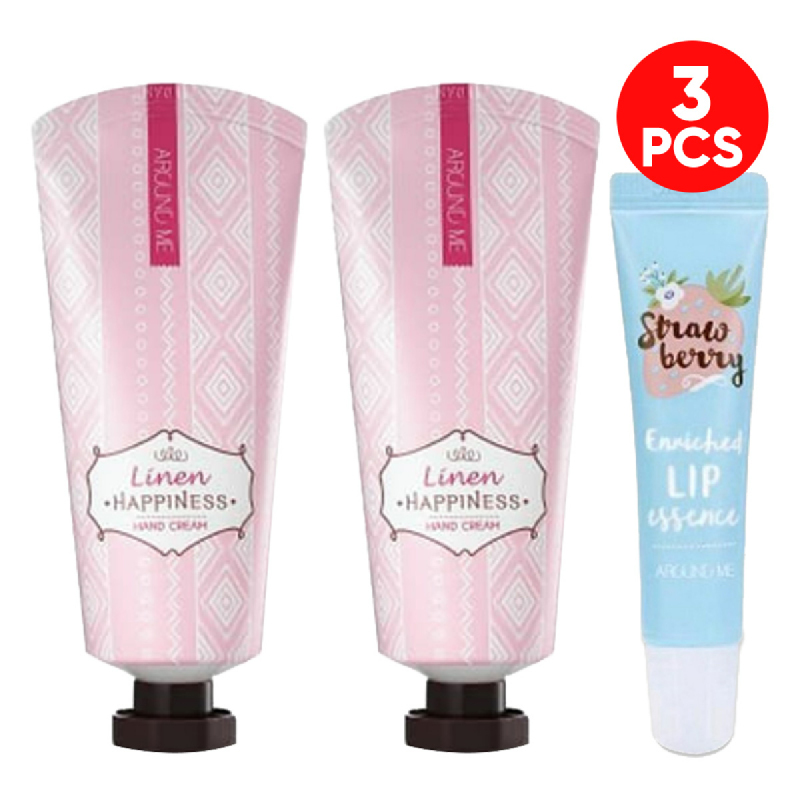 Around Me Happiness Hand Cream Linen 2pcs + Enriched Lip Essence Strawberry
