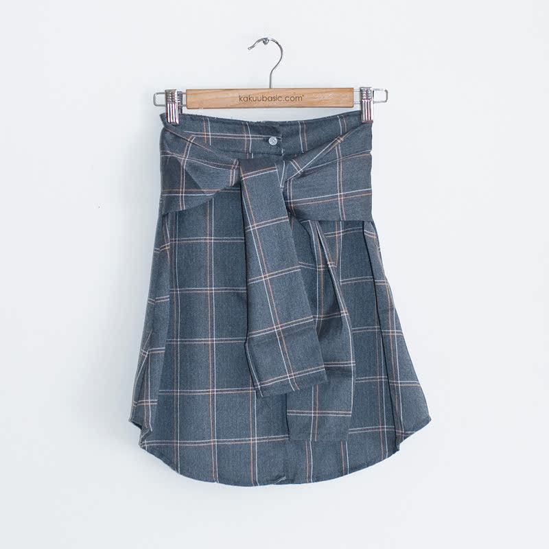 Kakuu Waist-Tie Checked Skirt Gray