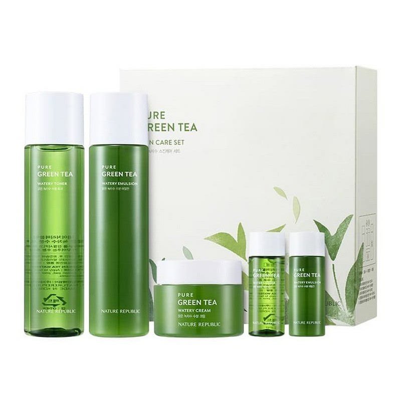 Nature Republic Pure Green Tea Watery Skin Care Set Box (Toner, Emulsion, Cream + Samples included)