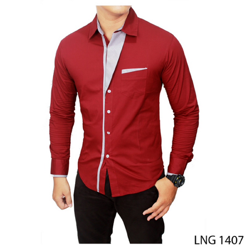 Gudang Fashion Kemeja Panjang Pria Korean Style Slim Fit Casual Modern Merah LNG 1407