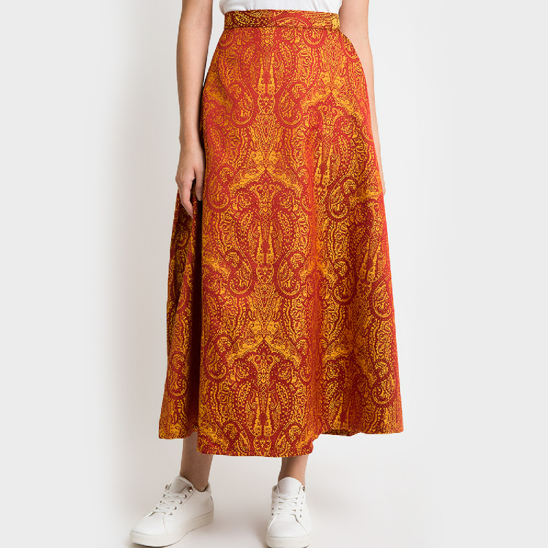 Duapola Ethnic A-line Maxi Skirt Orange