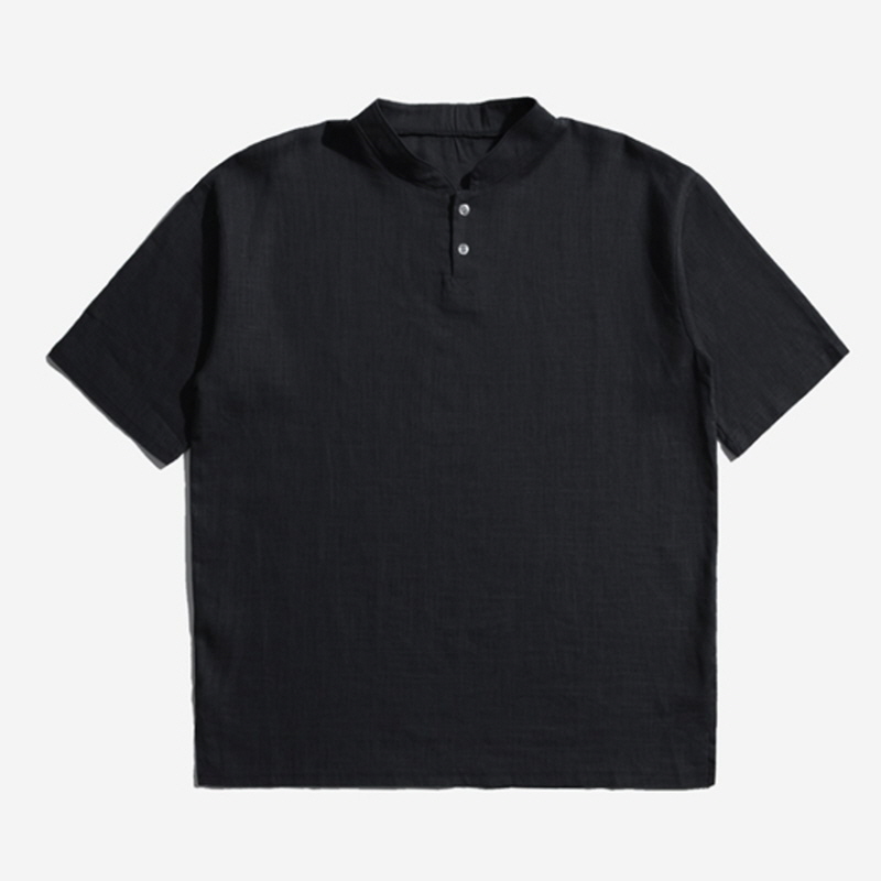 [JN.06] Linen Henley Neck Short Sleeve T-shirt BLACK