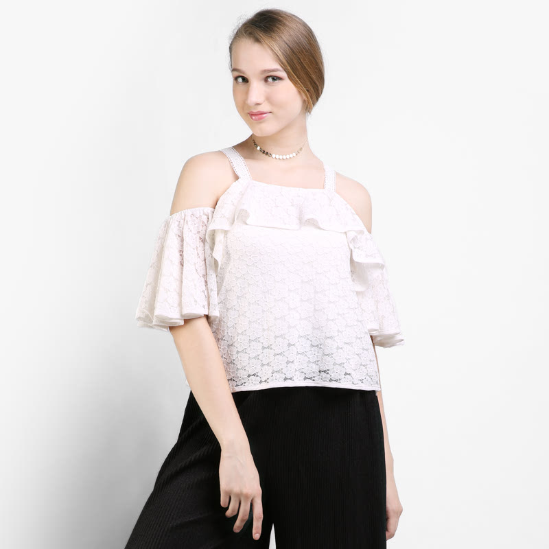 BLIC4158  Icons Cold Shoulder Lace Blouse Color White