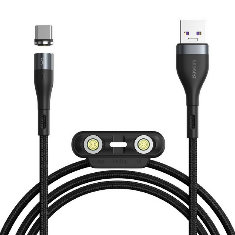 Baseus Zinc USB Cable Magnetic 3in1 Lightning Type C Micro Fast Charger Kabel Data Black