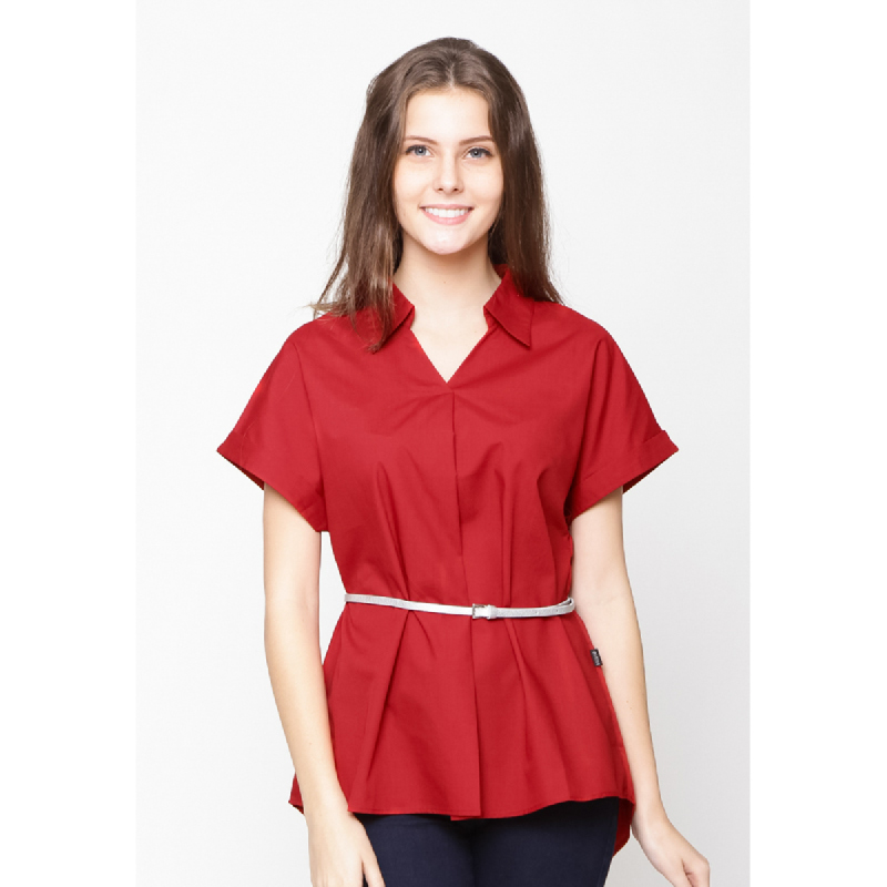 Agatha Red Lapel Short Sleeve Blouse Red