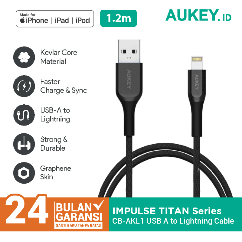 Aukey Cable CB-AKL1 MFI USB A To Lightning Kevlar Cable 1.2M Black- 500420