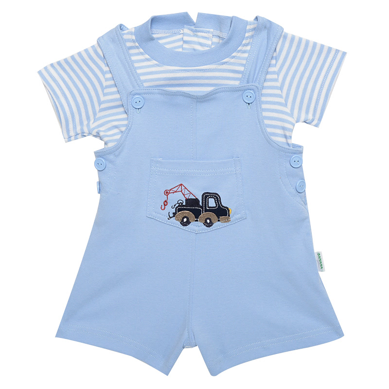 Baby Boy Dungaree With Crane Embroidery + Inner Blue Stripe