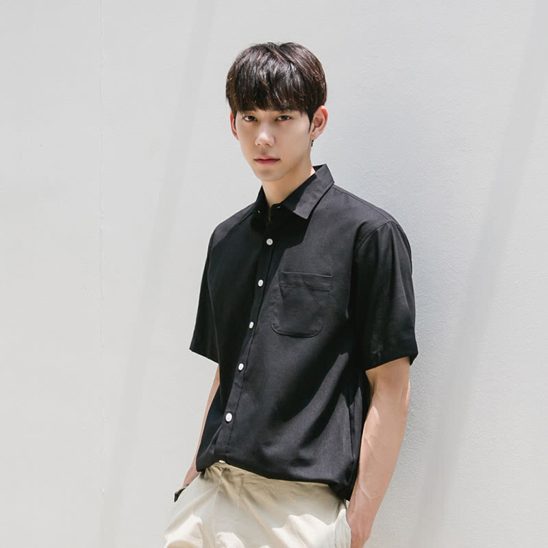 [BJ2645]Boxy 8 Color Linen Short Sleeve Shirt - Black