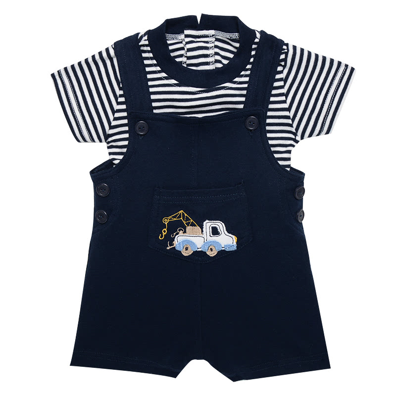 Baby Boy Dungaree With Crane Embroidery + Inner Navy Stripe