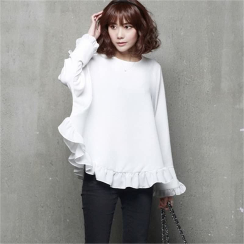 A65 Romantic Frill Colored Loose-Fit Blouse White
