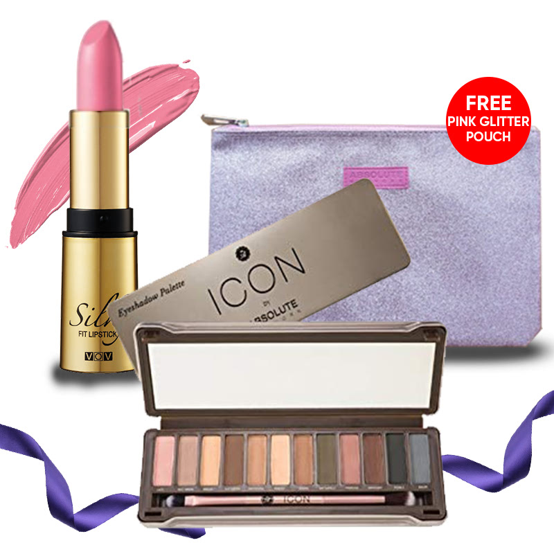 Absolute New York Icon Eye Shadow Exposed + VOV Silky Fit Lipstick 199 Loveful Pink FREE Pink Glitter Pouch