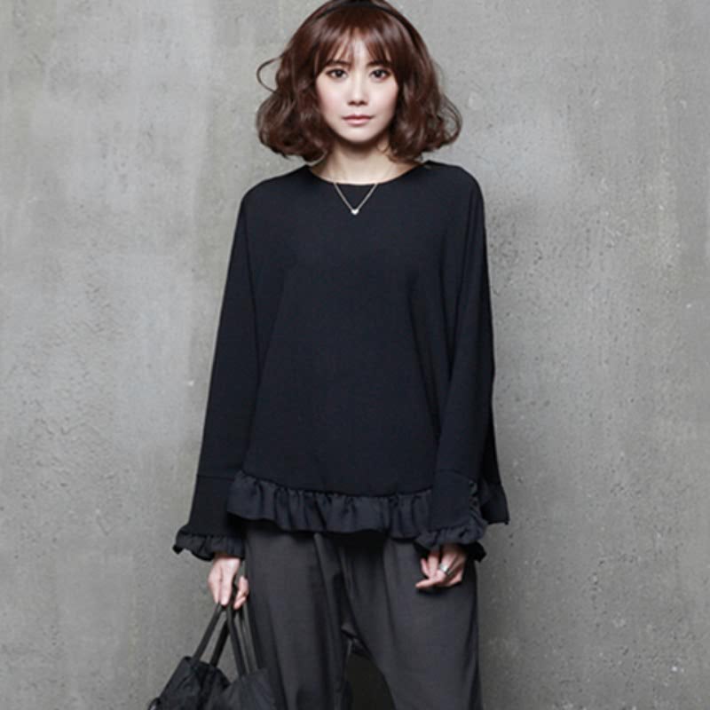 A65 Romantic Frill Colored Loose-Fit Blouse Black