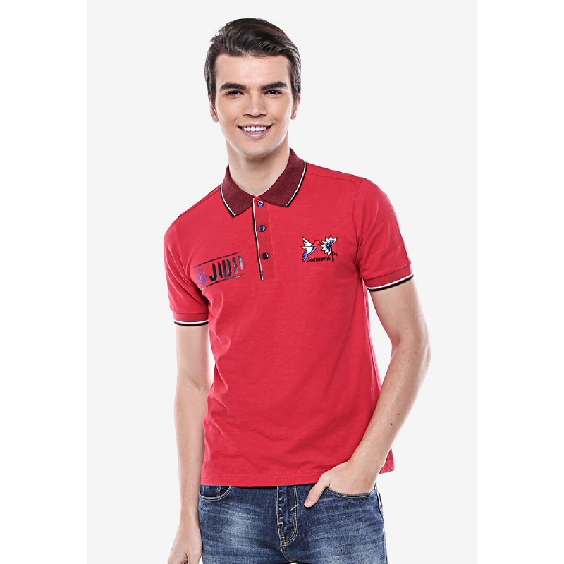 Johnwn Slim Fit Kaos  Polo  Merah Garis Sisi Logo  burung 