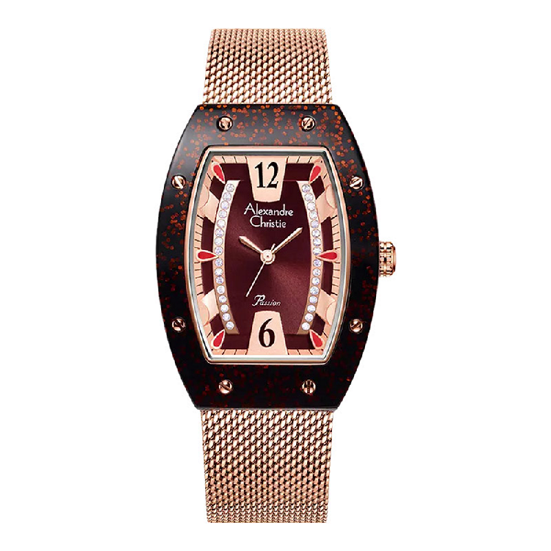 Alexandre Christie Passion AC 2856 LH BRGDR Ladies Red Dial Rose Gold Mesh Strap