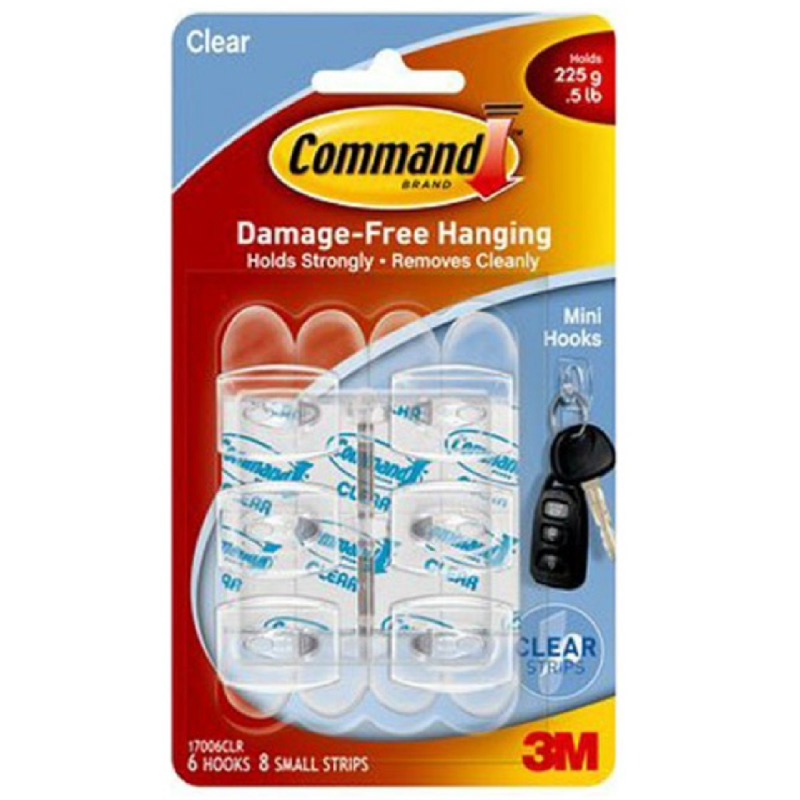 3M Command Clear Mini Hooks with Clear Strips 17006CLR 6 Hooks with 8 Small Strips per Pack (eceran)