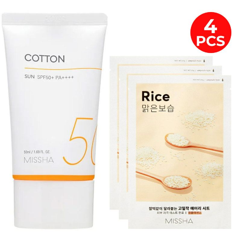 Missha New Variant All Around Safe Block Cotton Sun 50Ml Spf50+ Pa++++ (50Ml) + Missha Airy Fit Sheet Mask 3Pcs (Rice)