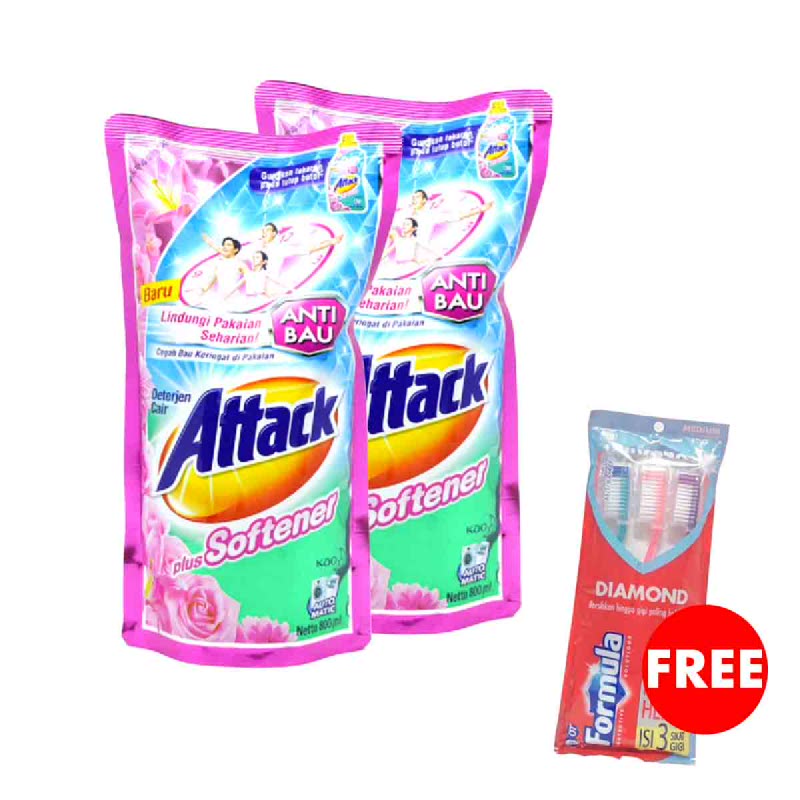 Attack Detergen Cair Plus Pelembut Pouch 800 Ml (Buy 2 Get 1 Free)