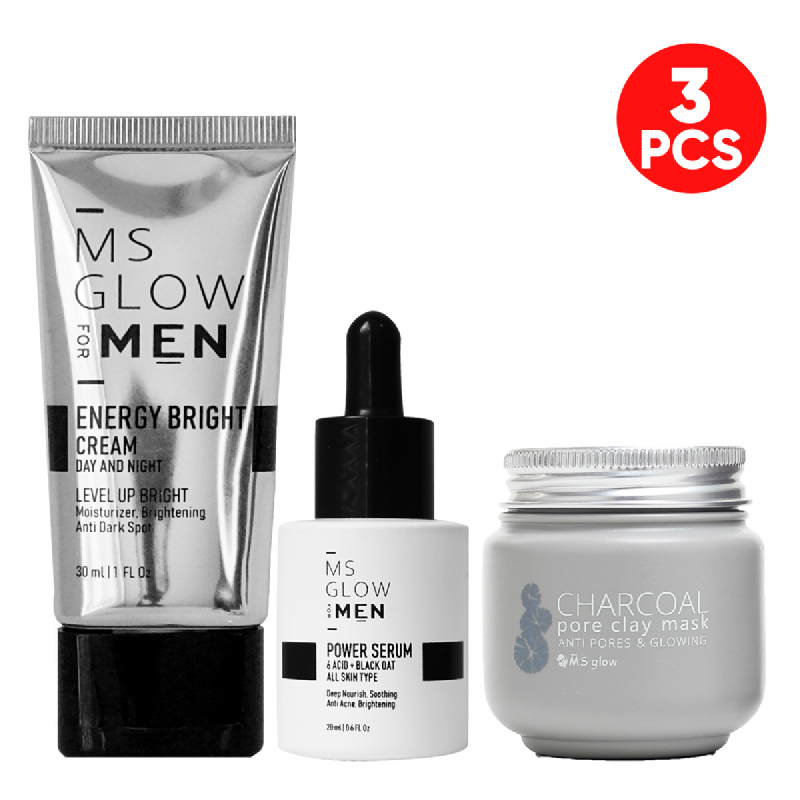 MS Glow Charcoal Clay Mask + MS Glow For Men Energy Bright Cream + Power Serum