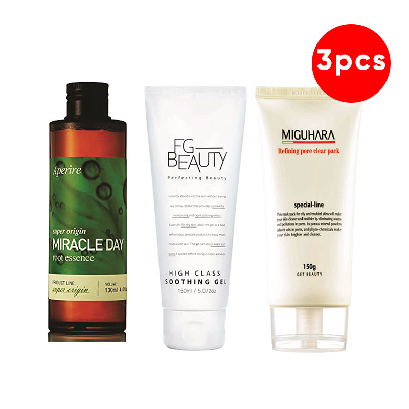 Aperire Super Origin Miracleday Root Essence 130 Ml + FG Beauty High Class Soothing Gel 150 Ml + Miguhara Refining Pore Clear Pack 150 Ml