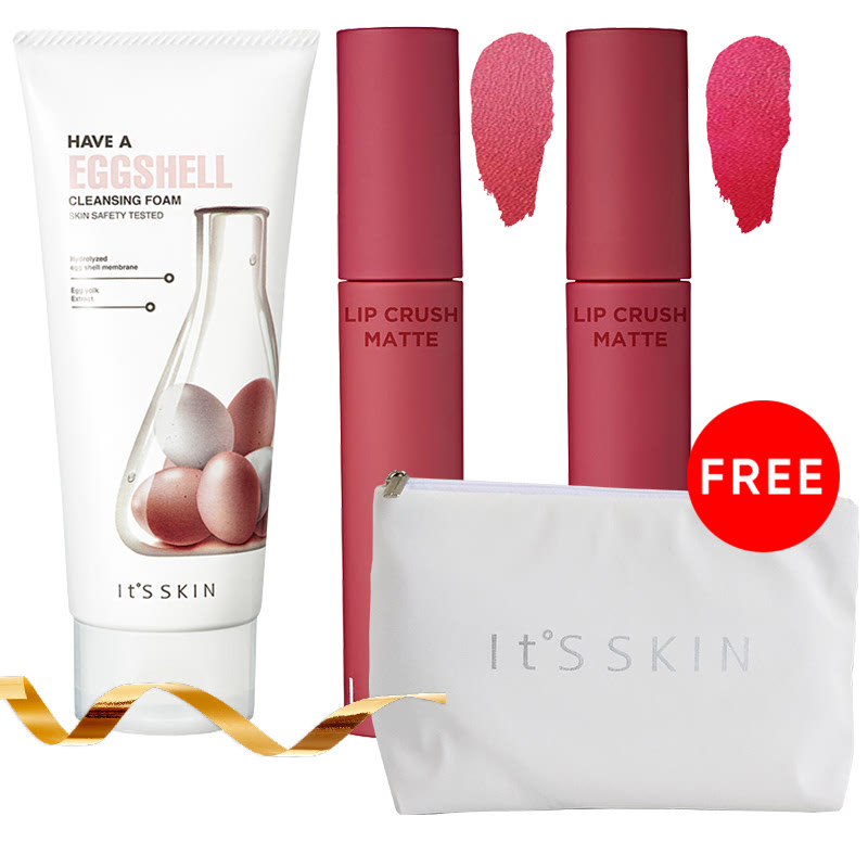 It's Skin Life Color Lip Crush Matte 03 Girl'S Way + It's Skin Have A Egg Cleansing Foam + It's Skin Life Color Lip Crush Matte 04 Badass Girl Free Padding Pouch