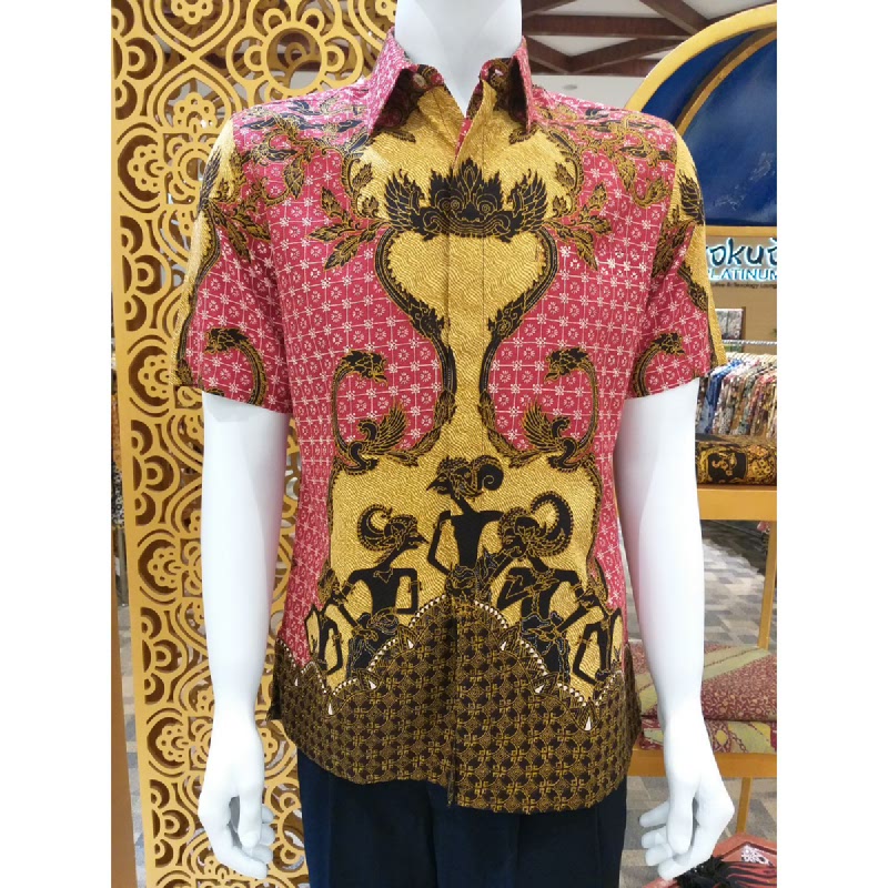 Batik Semar Pria Hem Pendek Full Tricot Pandawa Samarat 30 Merah size XL