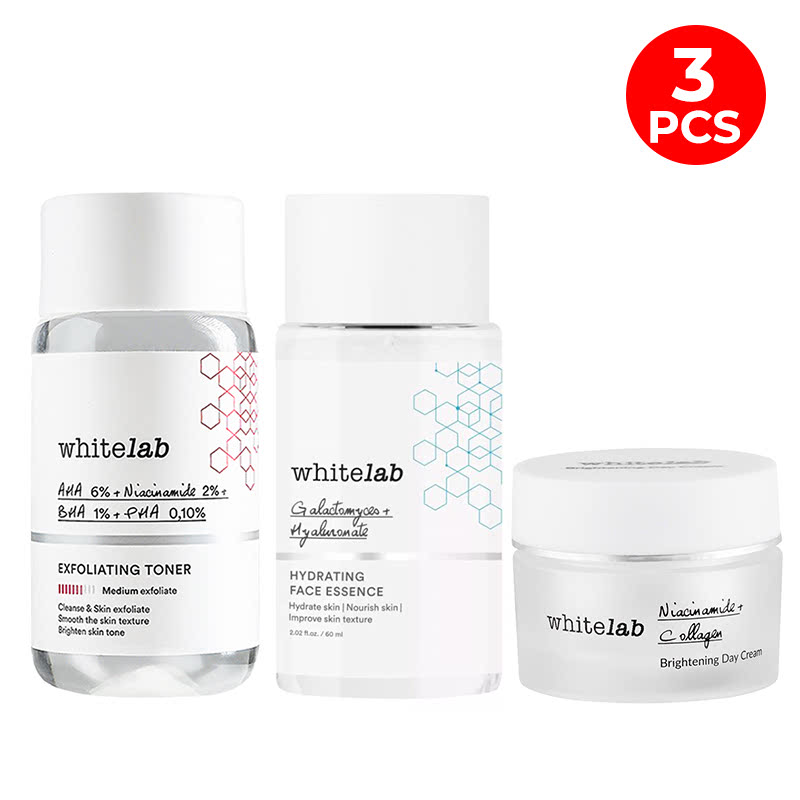 Whitelab Exfoliating Toner 60 ML + Hydrating Face Essence 60 ML +  Brightening Day Cream 20 Gr