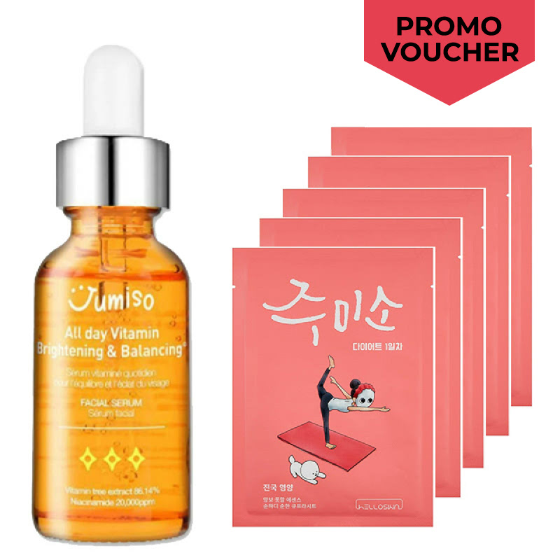 Hello Skin Jumiso All Day Vitamin Brightening & Balancing Facial Serum + Rich-Nourishment Sheet Mask 5ea